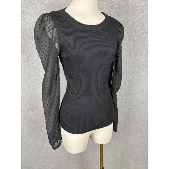 Madden Girl Juniors' Ribbed Sweater Sheer Dotted Mesh Sleeves Black Medium NWT's - Picture 2 of 8